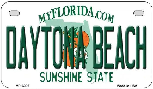 Motorcycle License plate with 'Daytona Beach' and 'MyFlorida.com' text on a white background. Daytona Beach Florida Motorcycle License Plate