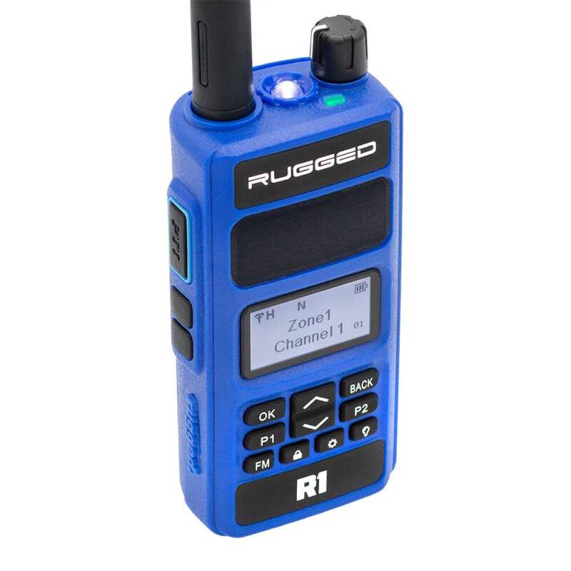 Blue walkie talkie with 'Rugged' branding on a white background