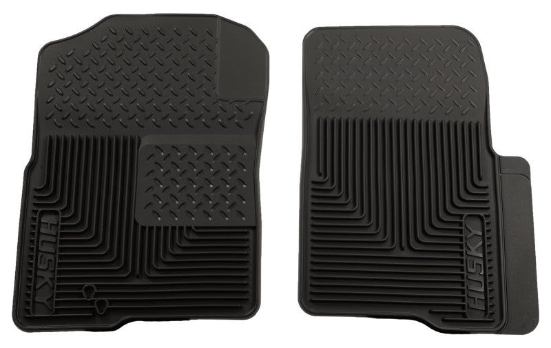 Two black car floor mats with a brand logo on a white background