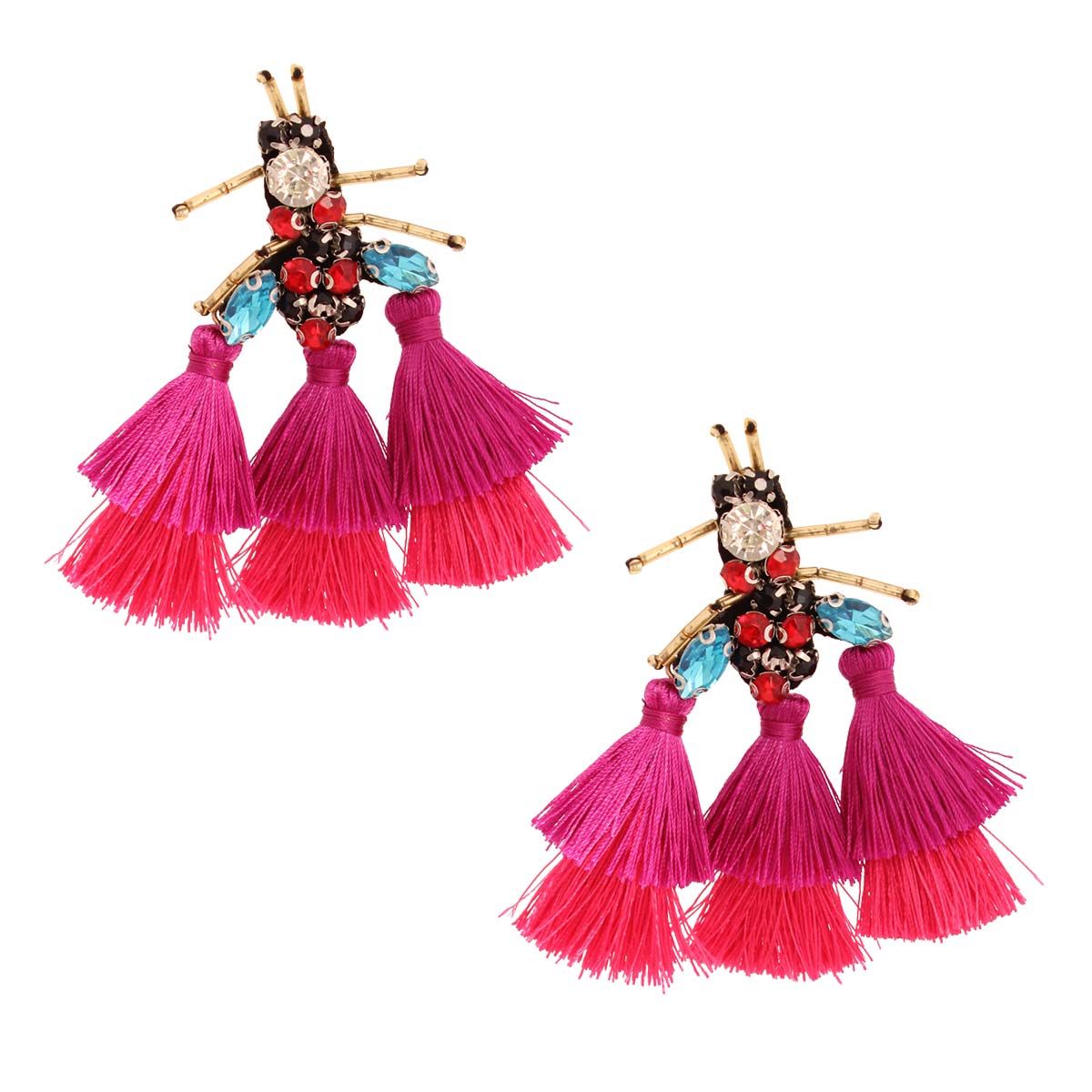 Rhinestone and Tassel Fuchsia Bee Earrings