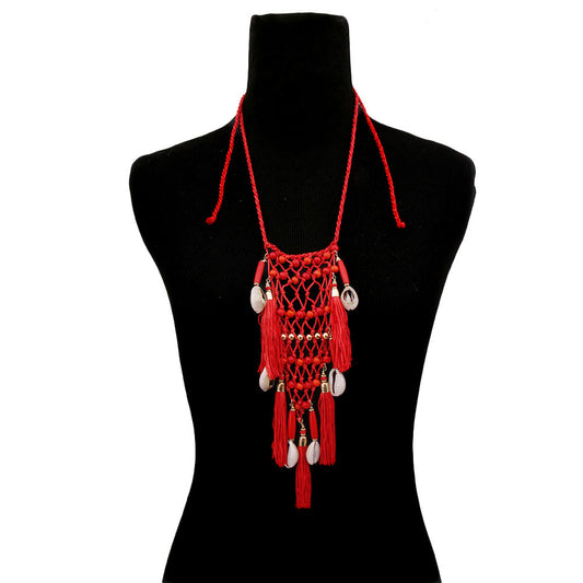 Red Cowrie Shell Tassel Long Necklace