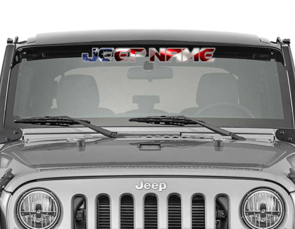 Front view of a Jeep vehicle with a custom 'Jeep Name' decal on the windshield.