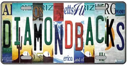 Decorative license plate with 'Diamondbacks' text and various designs