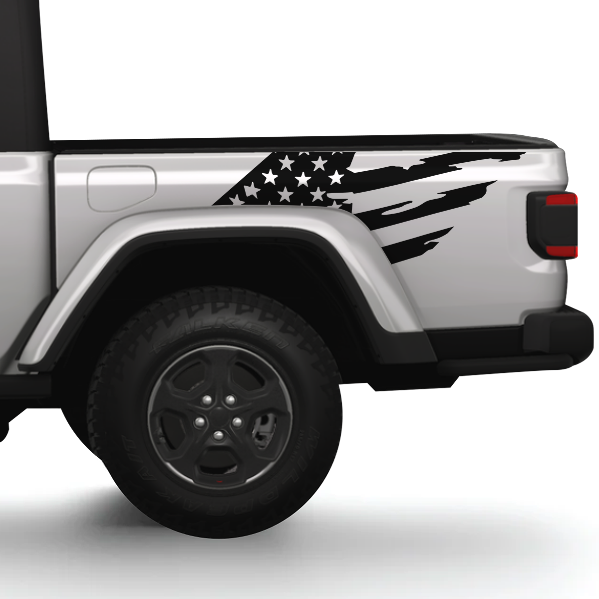 Side view of a white vehicle with an American flag decal on a white background