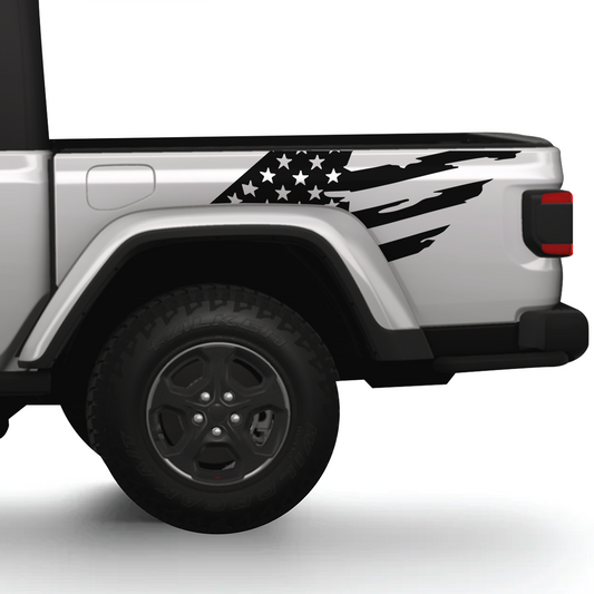 Side view of a white vehicle with an American flag decal on a white background