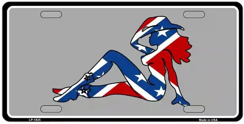 License plate with a design of a woman draped in Confederate flag colors on a gray background.