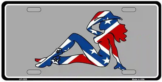 License plate with a design of a woman draped in Confederate flag colors on a gray background.