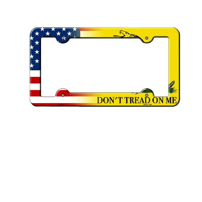 License plate frame with American flag design and 'Don't Tread on Me' text.