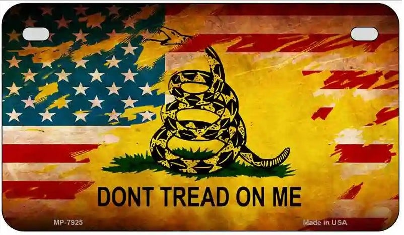 Motorcycle License plate with American flag and Gadsden snake design, featuring the text 'Don't Tread on Me'.  Dont Tread On Me Faded US Flag Motorcycle License Plate