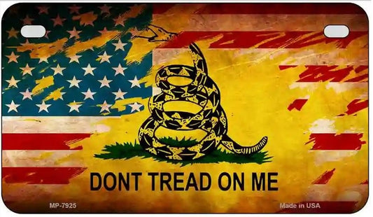 Motorcycle License plate with American flag and Gadsden snake design, featuring the text 'Don't Tread on Me'.  Dont Tread On Me Faded US Flag Motorcycle License Plate
