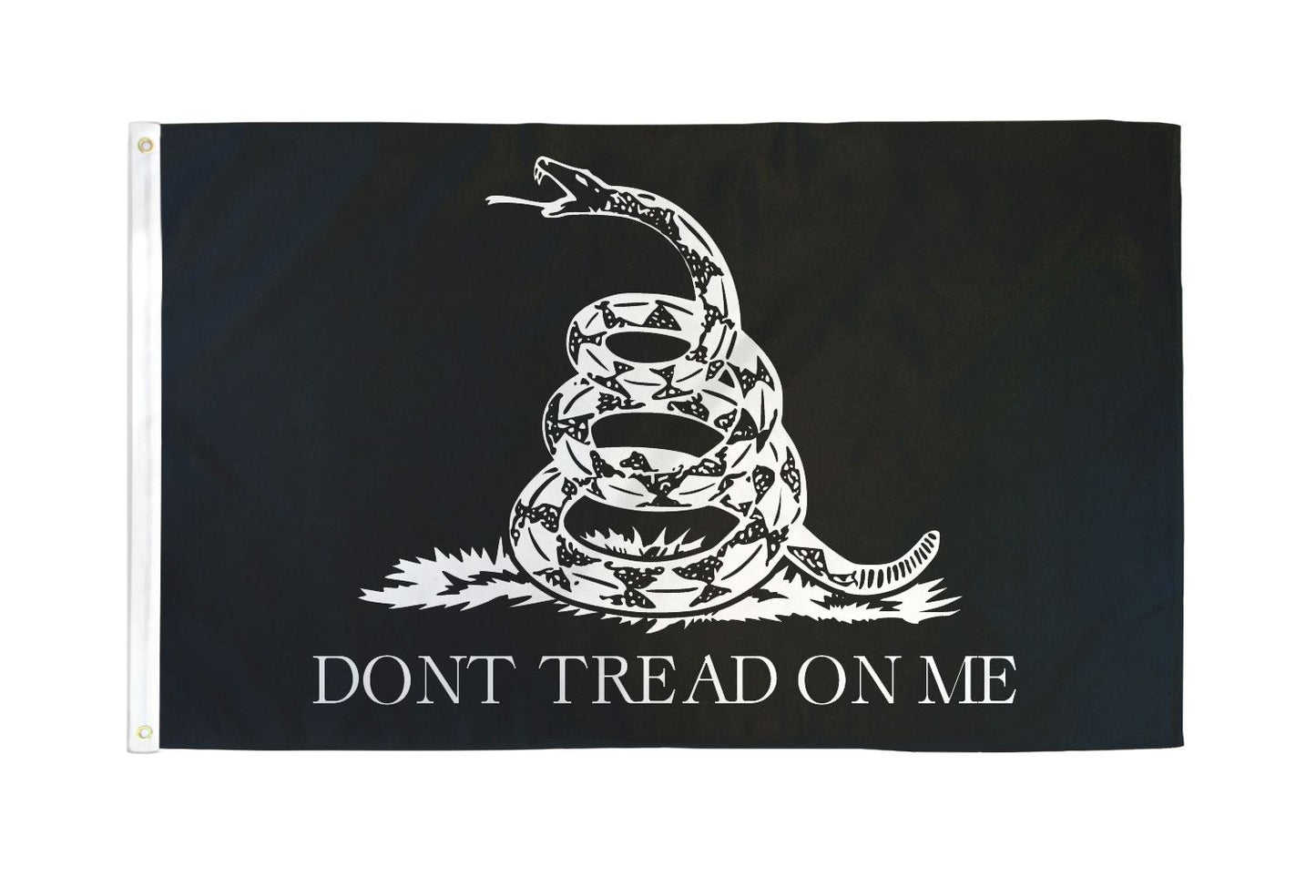 Black flag with white snake design and 'Don't Tread on Me' text