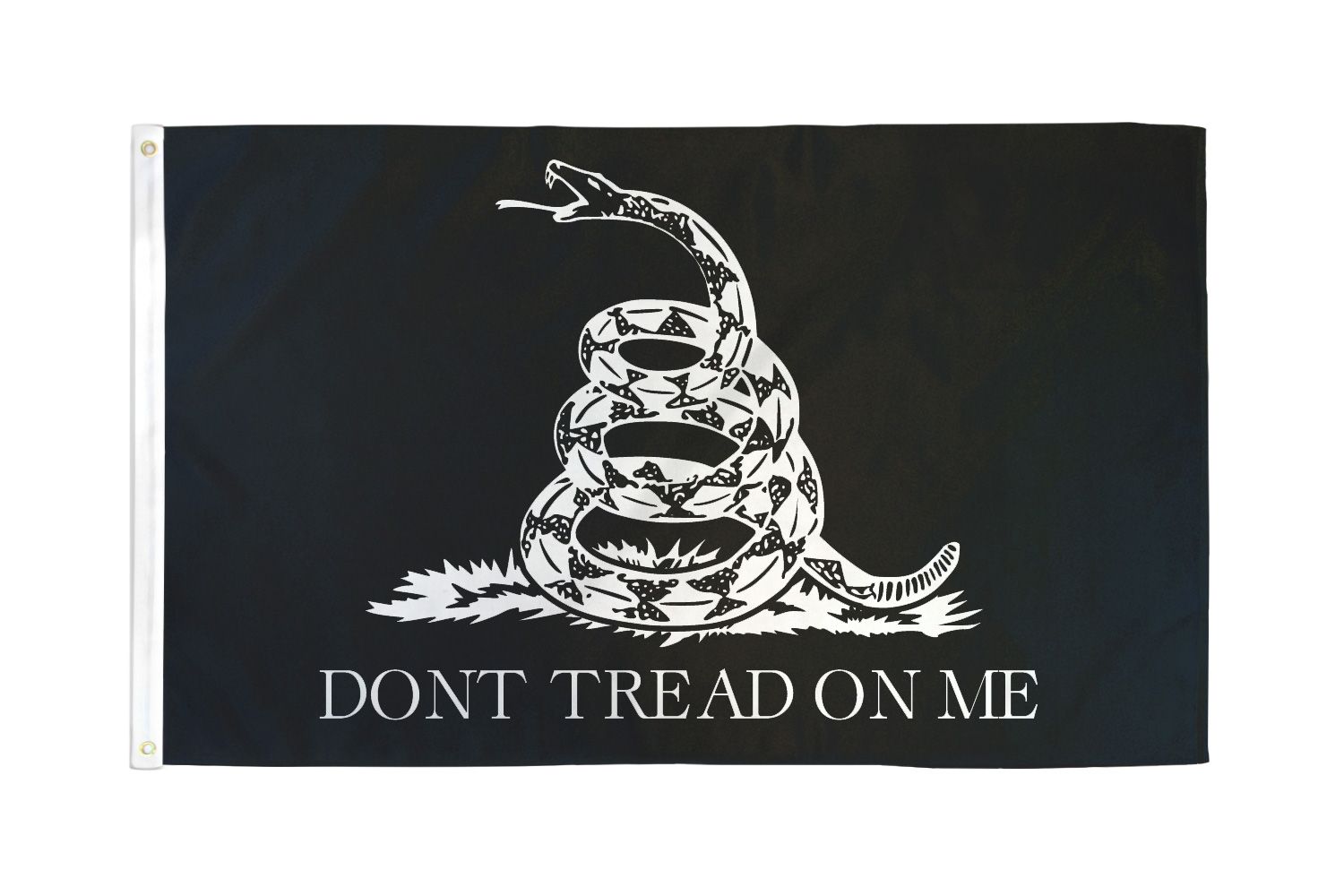 Black flag with white snake design and 'Don't Tread on Me' text