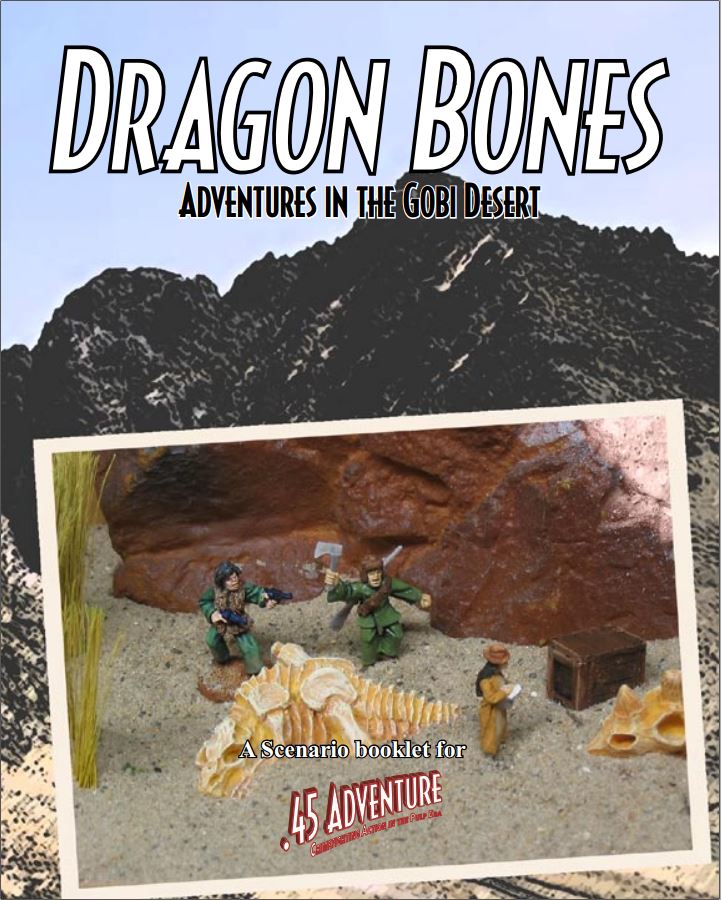 Booklet cover titled 'Dragon Bones: Adventures in the Gobi Desert' with toy figures and desert landscape.