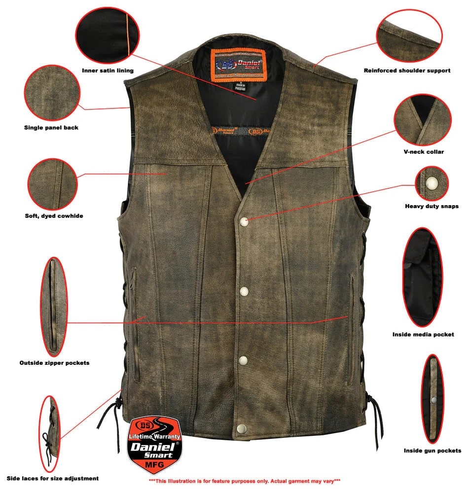 Infographic Men's Antique Brown Single Back Panel Concealed Carry Vest