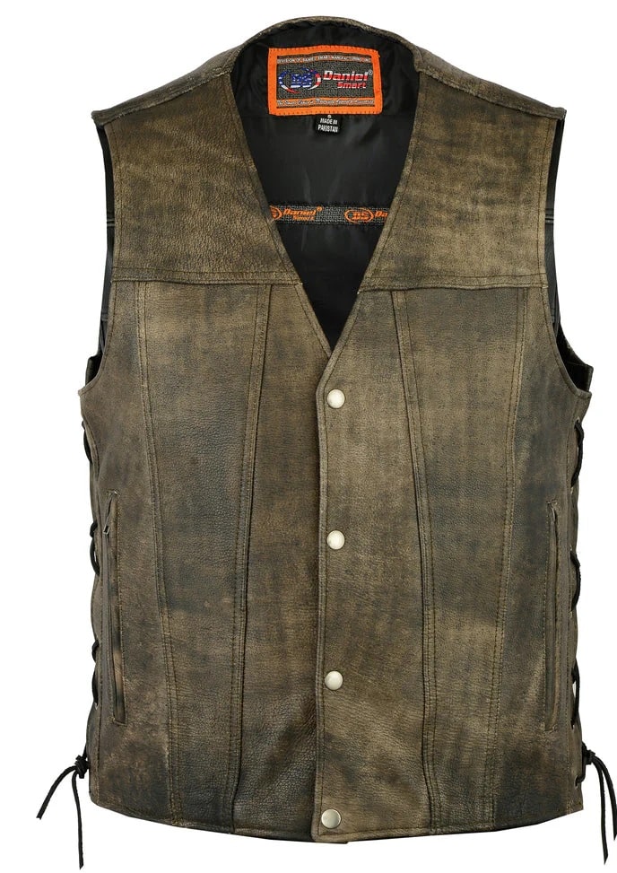 Front and Center View Men's Antique Brown Single Back Panel Concealed Carry Vest