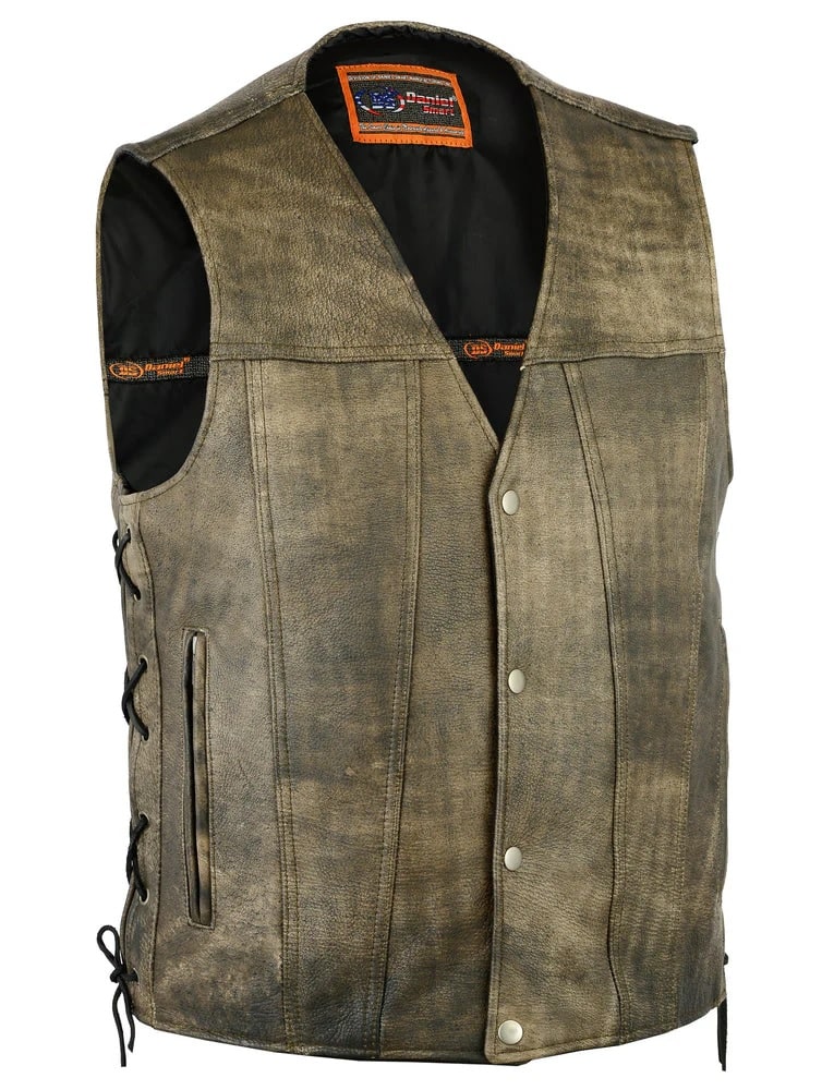 Front Angle View Men's Antique Brown Single Back Panel Concealed Carry Vest