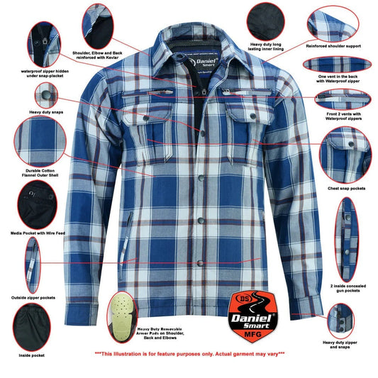 Infographic Armored Flannel Motorcycle Shirt - Blue, White & Maroon