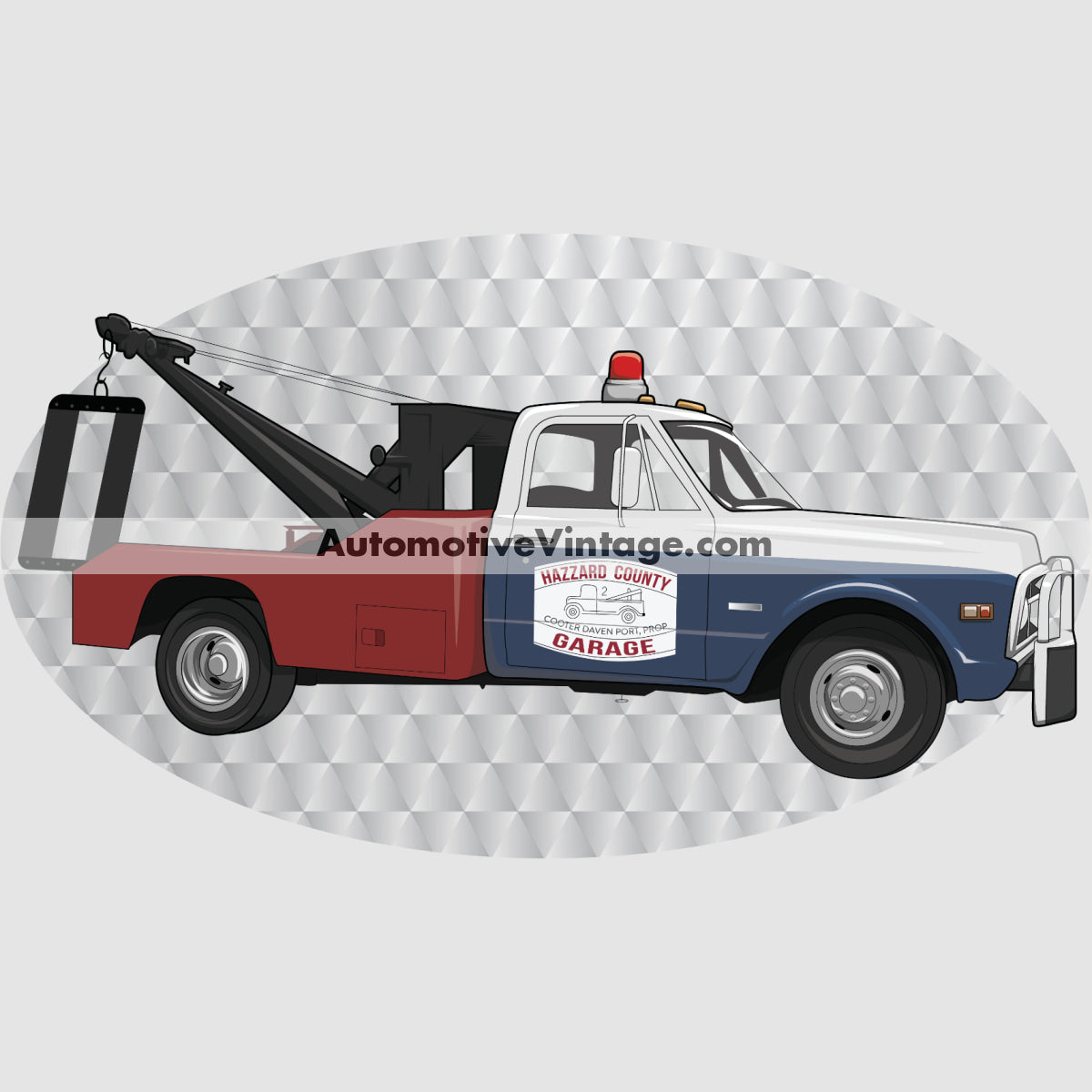 Tow truck with 'Wardrobe County Garage' sign on a checkered background