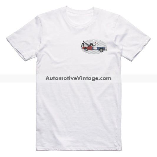 White t-shirt with a graphic of a tow truck and 'AutomotiveVintage.com' text on a white background