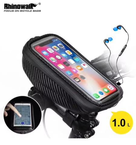 Bicycle phone mount with smartphone display, earbuds, and Rhinowalk branding.