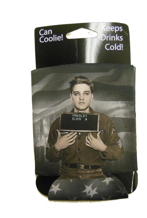 Elvis Presley-themed drink cooler with American flag design on packaging. Elvis In US Army Uniform