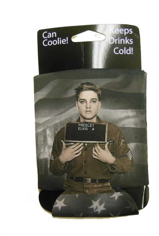 Elvis Presley-themed drink cooler with American flag design on packaging. Elvis In US Army Uniform