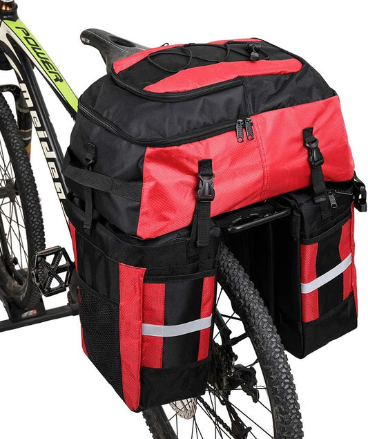 Red and black bicycle bag attached to a bike on a white background