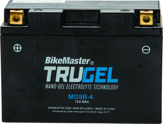 BikeMaster TruGel battery with visible branding and specifications.
