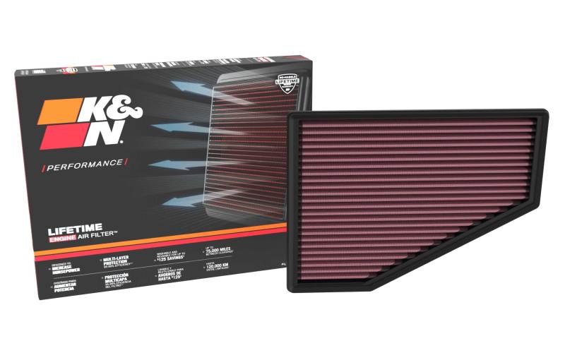 K&N air filter and packaging on a white background