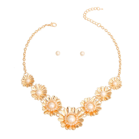 Gold Metal Flower and Pearl Set