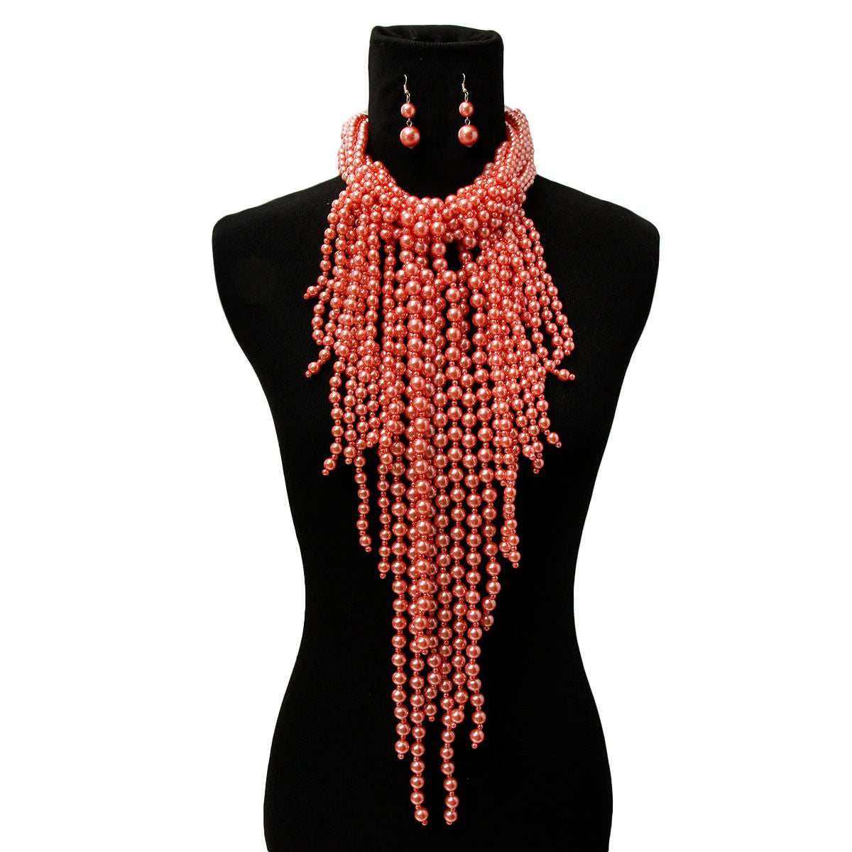 Dark Pink Pearl Fringe Necklace Set