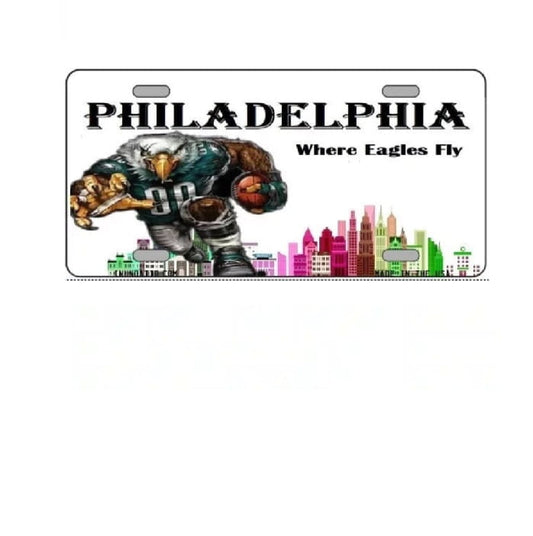 License plate with football player, city skyline, and 'Philadelphia Where Eagles Fly' text on a white background