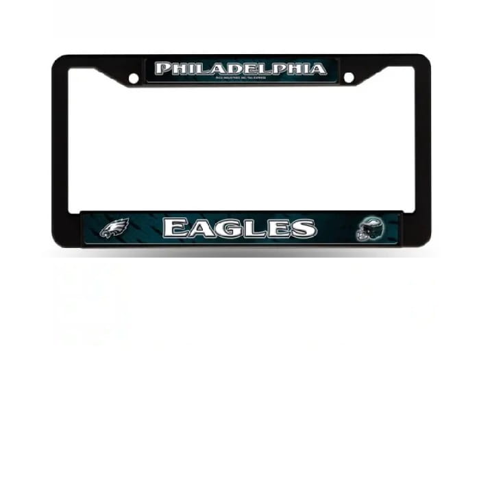 Black license plate frame with 'Philadelphia Eagles' text and logo on a white background