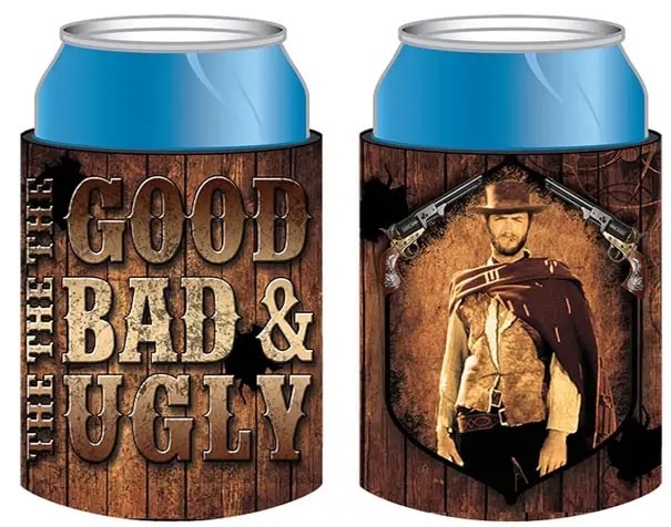 Two can coolers with 'The Good, The Bad & The Ugly' design on a wooden background.
