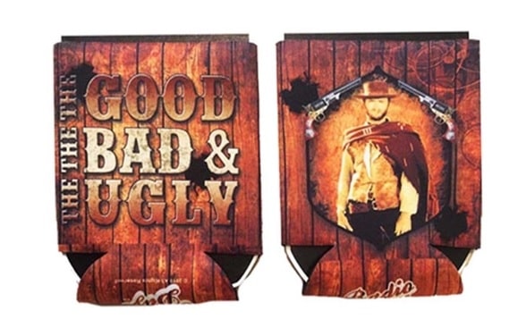 Two Clint Eastwood can coolers with 'The Good, The Bad & The Ugly' title and character design.