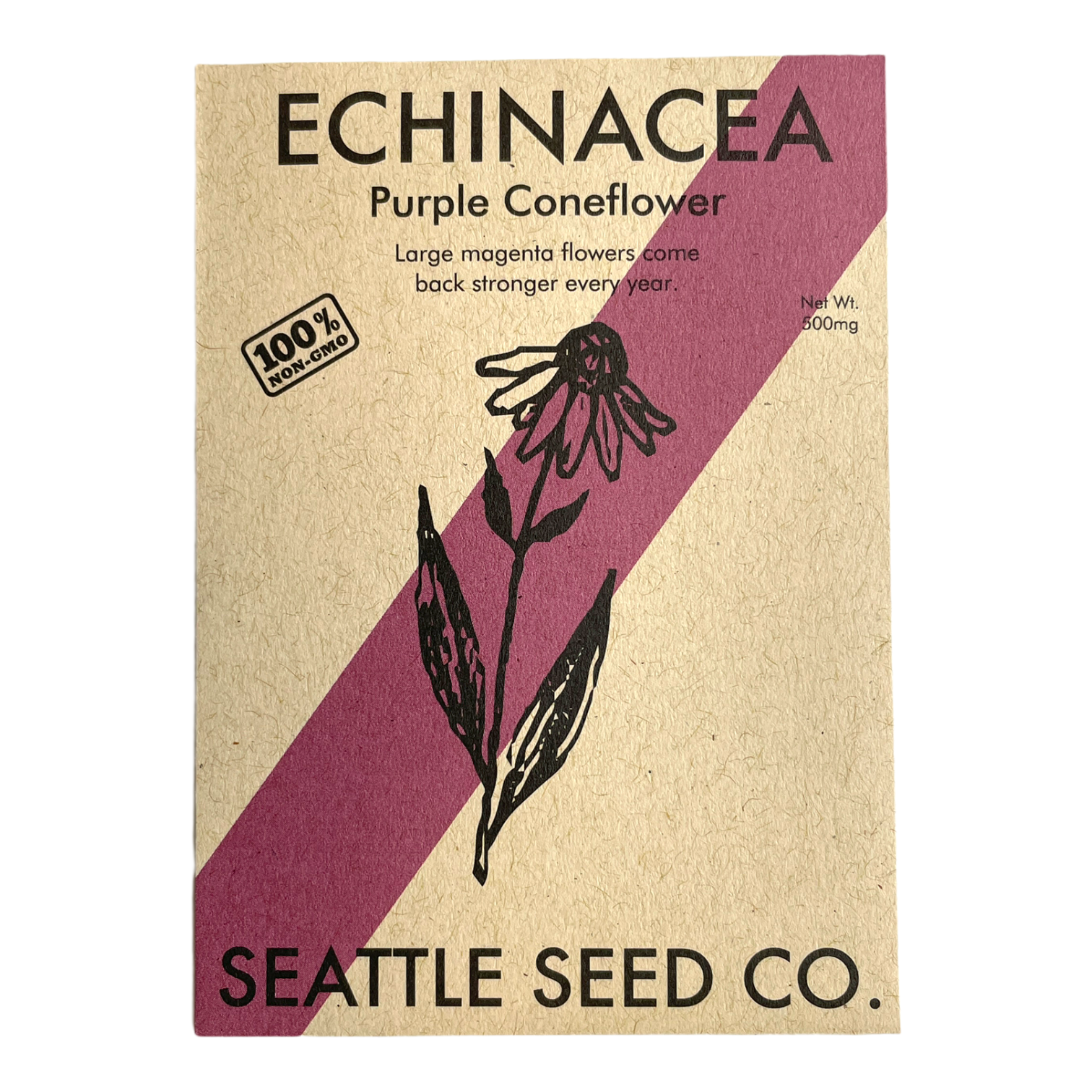 Seattle Seed Co. echinacea seed packet with purple stripe and flower illustration