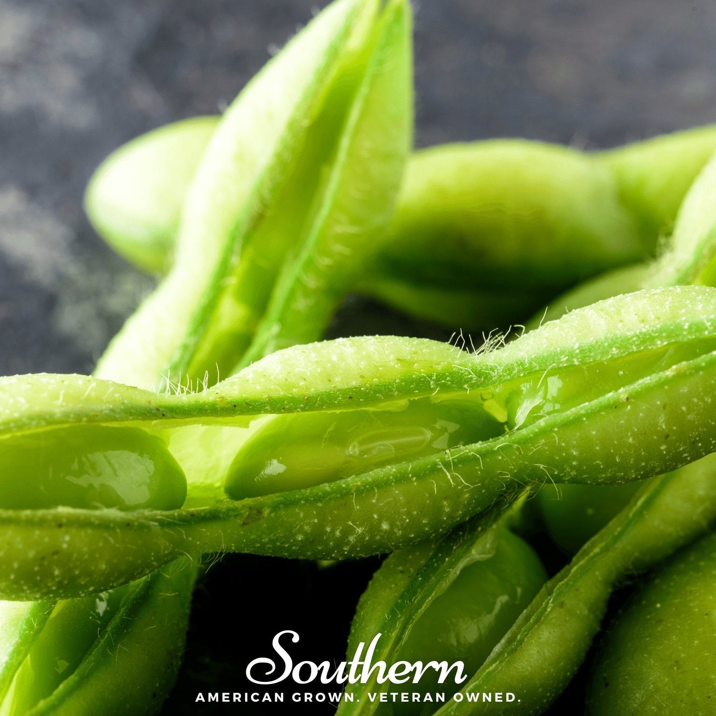 Close-up of green soybeans with 'Southern' brand text.