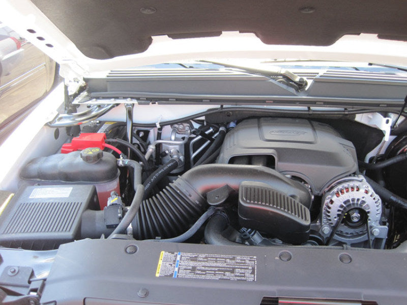 Car engine compartment with various components visible