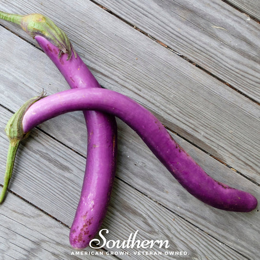 Two purple eggplants on a wooden surface with 'Southern' branding.