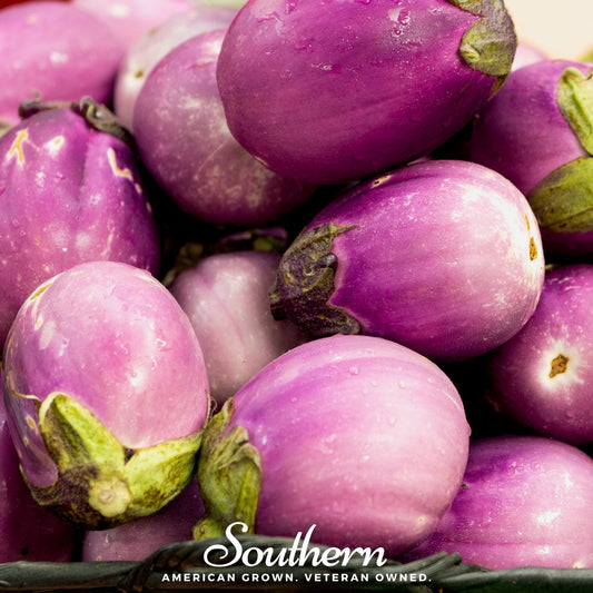 Close-up of purple eggplants with 'Southern' brand logo at the bottom.