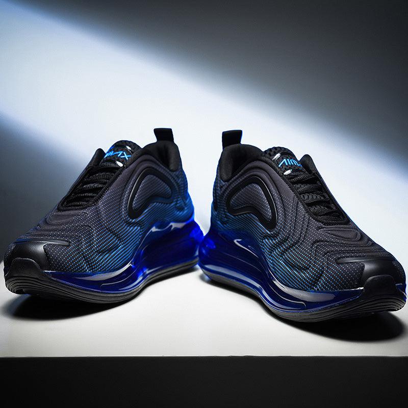 Black and blue sneakers with a prominent brand logo on a gradient background