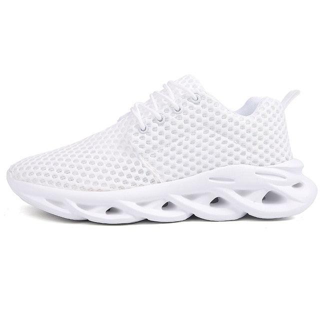 White sneaker with unique sole design on a white background