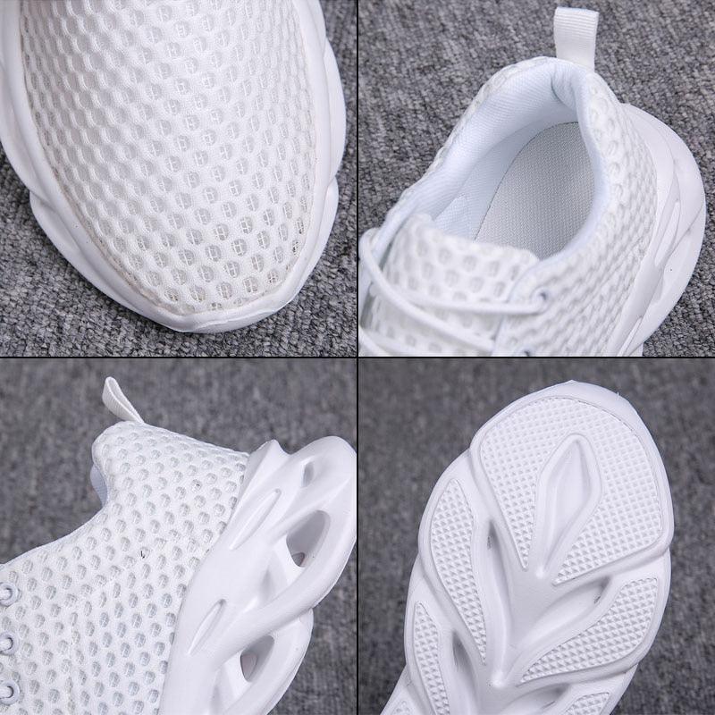 White sneaker shown from multiple angles on a textured gray background