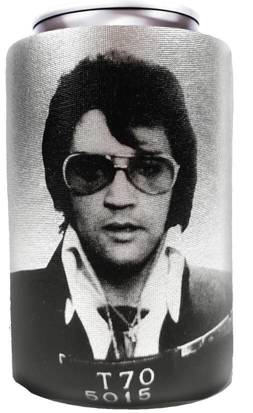 Can cooler with black and white photo Jailhouse photo of Elvis Presley wearing sunglasses and a jacket