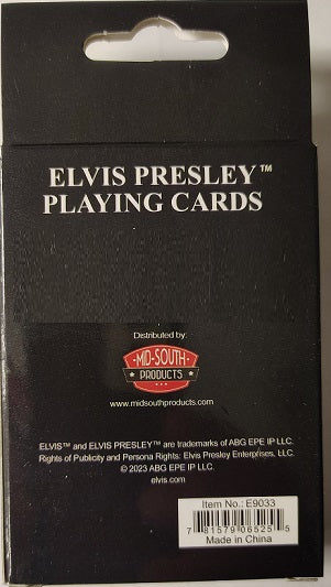 Back of a card packaging with 'Elvis Presley Playing Cards' text and Midsouth Products logo.