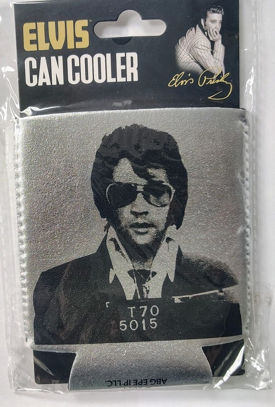 Elvis Presley can cooler with a black and white portrait on a clear package