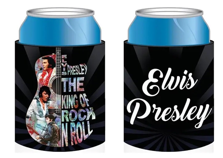 Front and Back of Elvis Presley-themed can cooler with a guitar graphic and text.