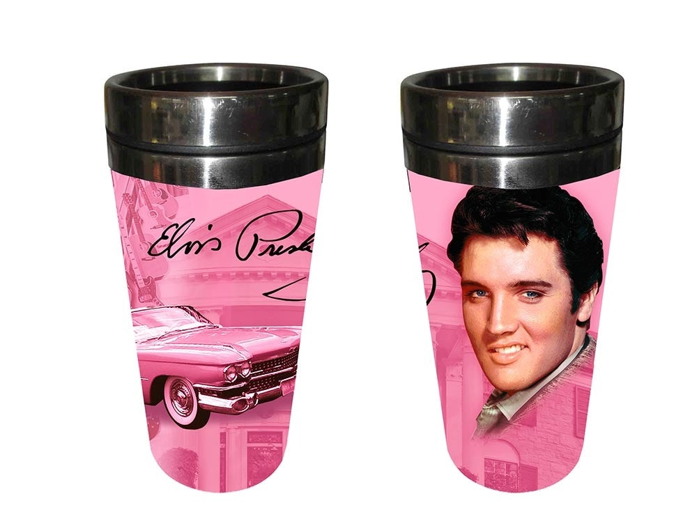 Elvis Presley Travel Mug Hot or Cold Beverages Elvis Presley Pink Cadillac and Guitars