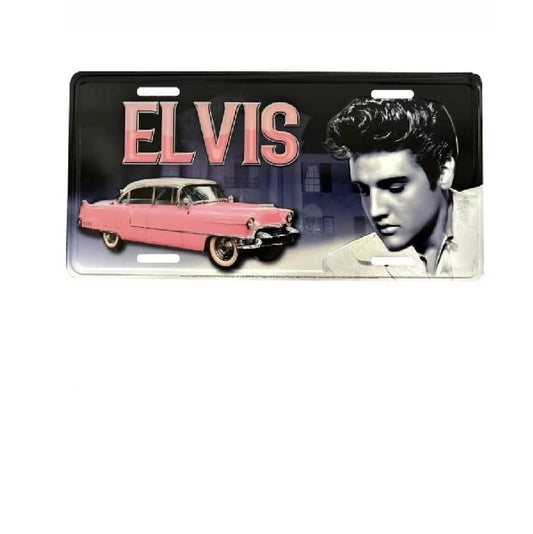Elvis Presley-themed license plate with pink car and portrait on black background