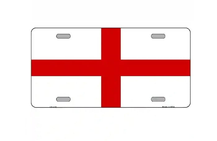 A novelty license plate featuring the red St. George's cross flag of England on a white background, with four pre-drilled mounting slots.